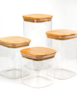 Hot Sale Wooden Lid Empty Square Glass Spice Jars Bottles
